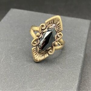 Art Deco Hematite and Brass Vintage Marquise Style Ring Silver Size 5.5Rare